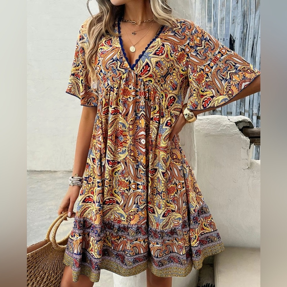Boho EUC Floral V Neck Short Sleeve Smocked Elastic Waist A-Line Swing Dress